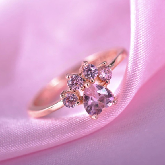 Sterling Silver Paw Print Stone Rose Gold  Ring - Picture 4 of 7